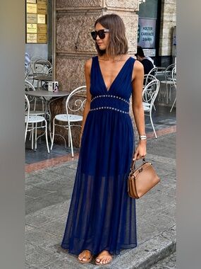 SANDRO Mesh Overlay Eudela Sleeveless Navy Studded V Neck Maxi Dress